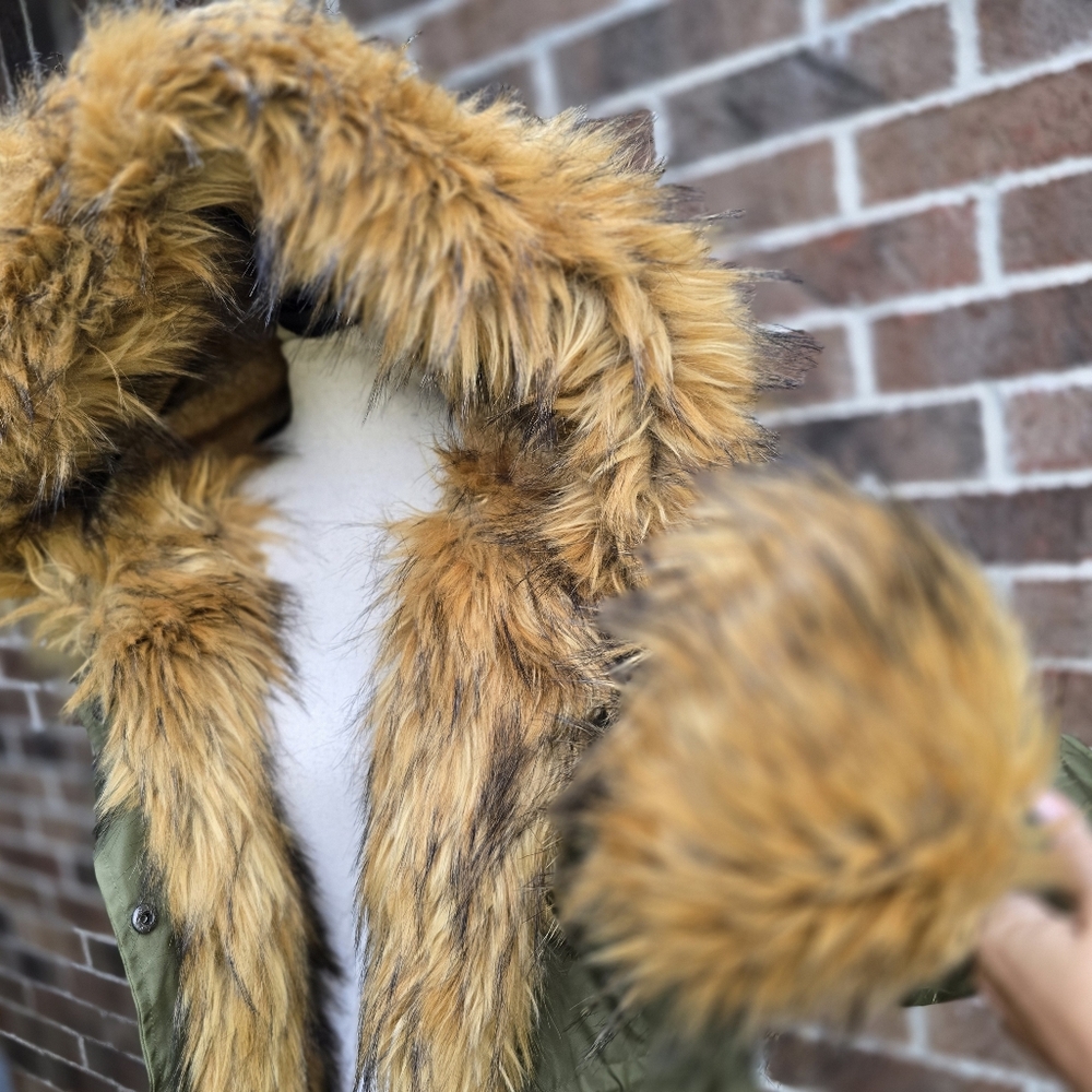 Olive Green Faux Fur Trim Parka Coat - Picture 7 of 15